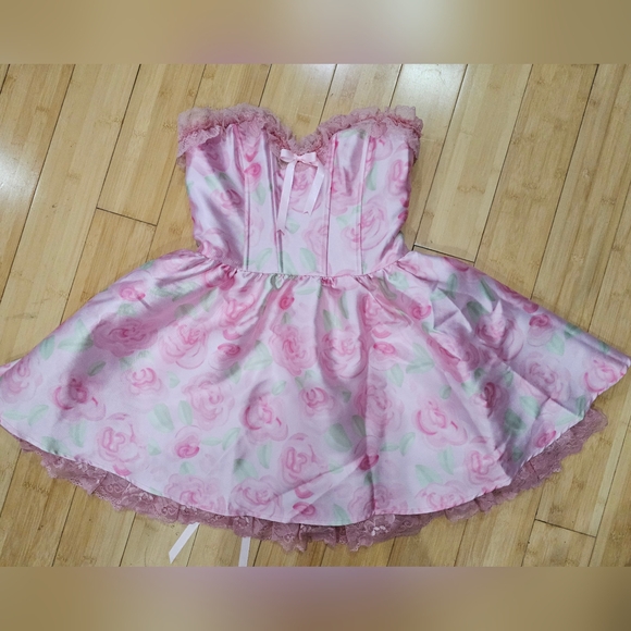 Dolls Kill Sugar Thrillz Forever Fancy Corset Pink Floral Rose Lace Mini Dress S - Picture 12 of 13